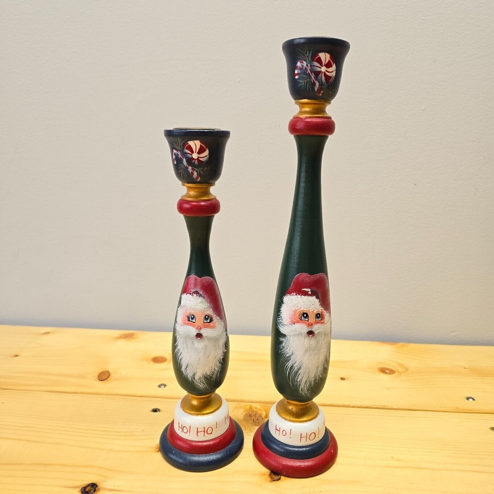 Hand Painted Wood Santa Claus Candle Holder Set Green Red Christmas Folk‎ Art